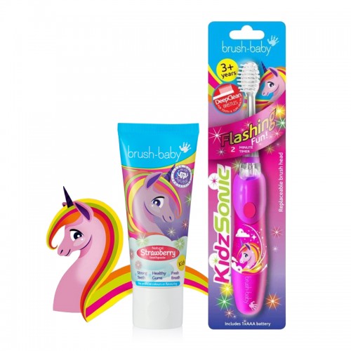Brush-baby KidzSonic Electric Kids Toothbrush + Strawberry Toothpaste (Unicorn Set) | 3-6 Years Brush-baby KidzSonic Electric Kids Toothbrush + Strawberry Toothpaste (Unicorn Set) | 3-6 Years